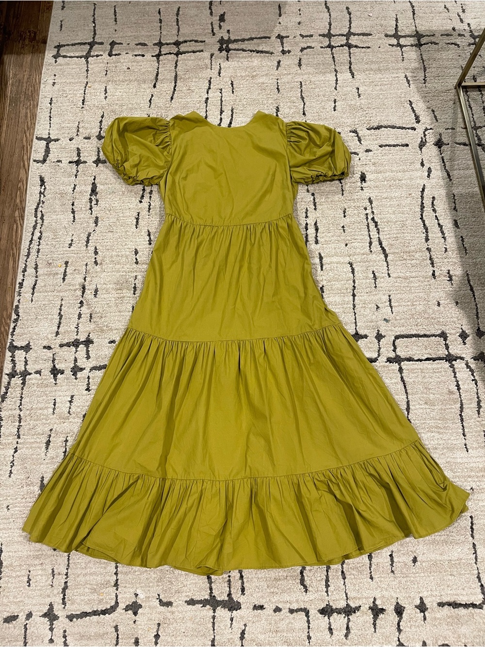 Collective the Label Cross Back Tiered Midi Dress Puff Sleeves Olive Green Sz 10